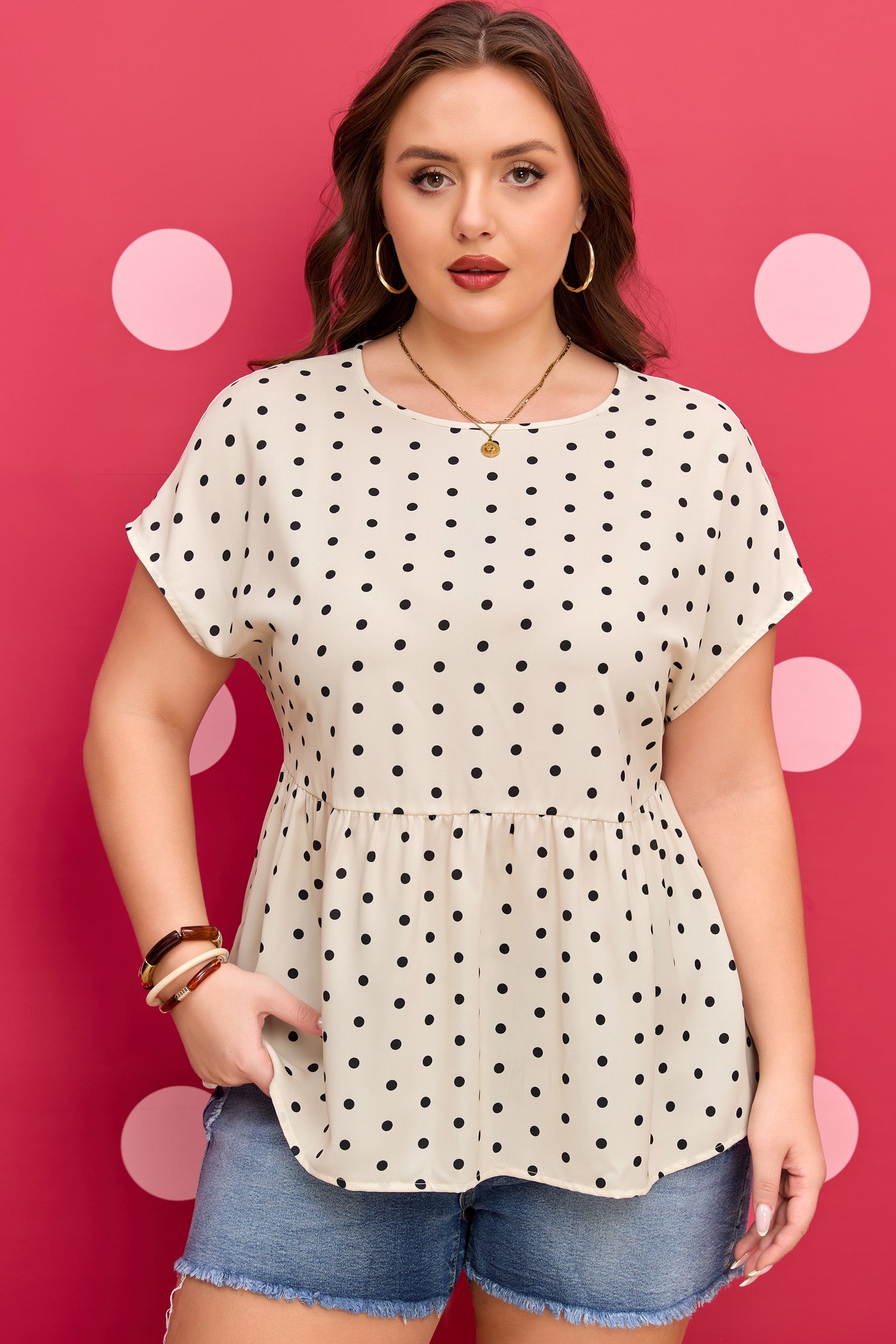 Apricot Plus Size Polka Dot Print Button Detail Short Sleeve Babydoll Blouse
