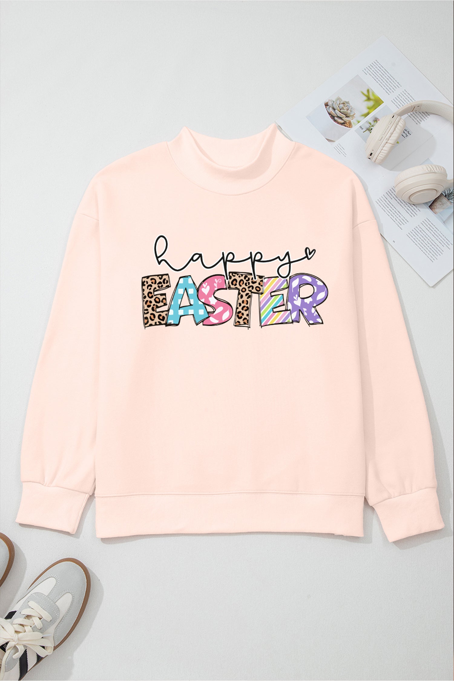 Apricot Pink Happy Easter Playful Letter Printed Sweatshirt