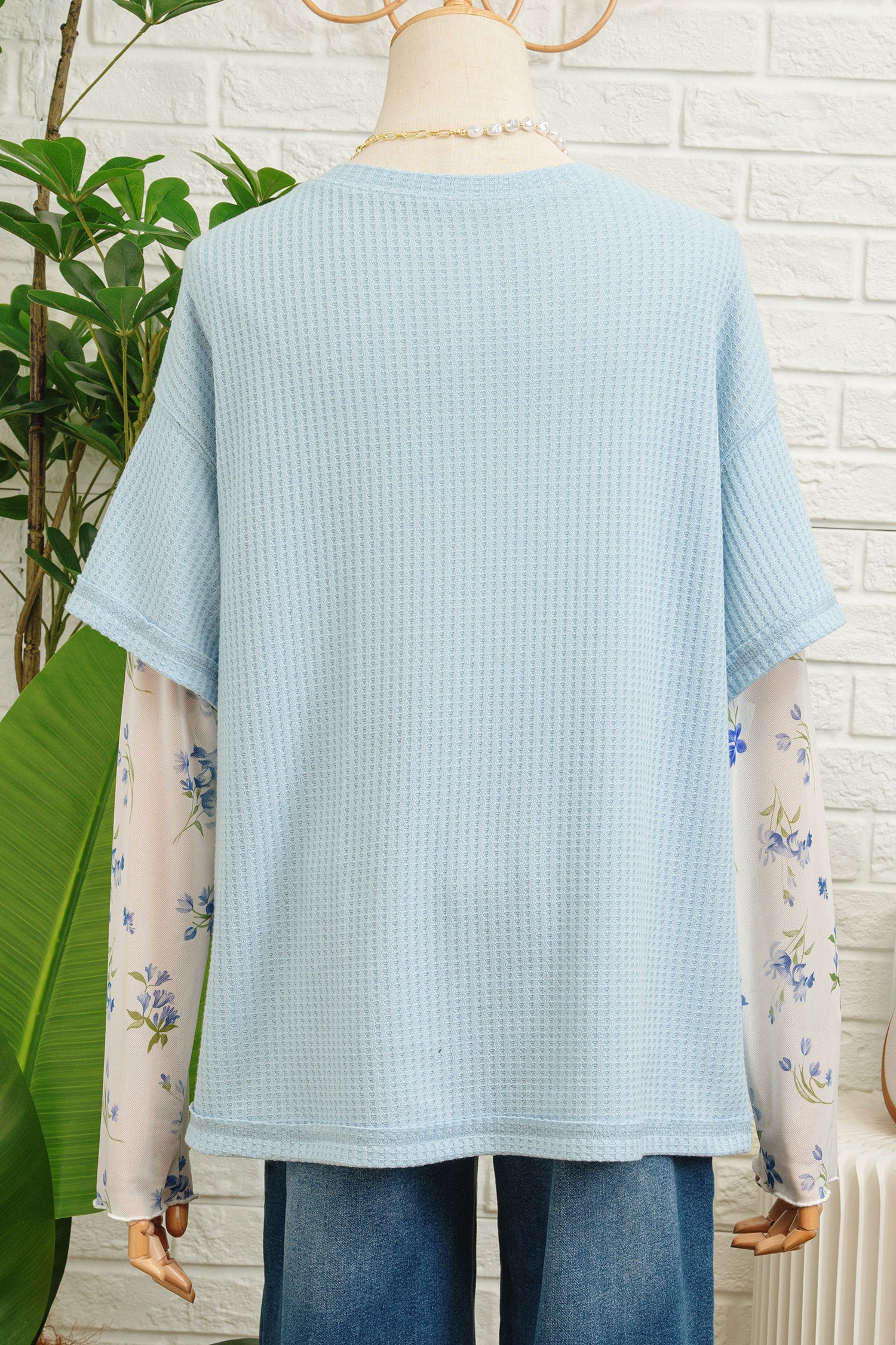 Beau Blue Floral Lace Sleeve Patchwork Waffle Fake Two-piece Top