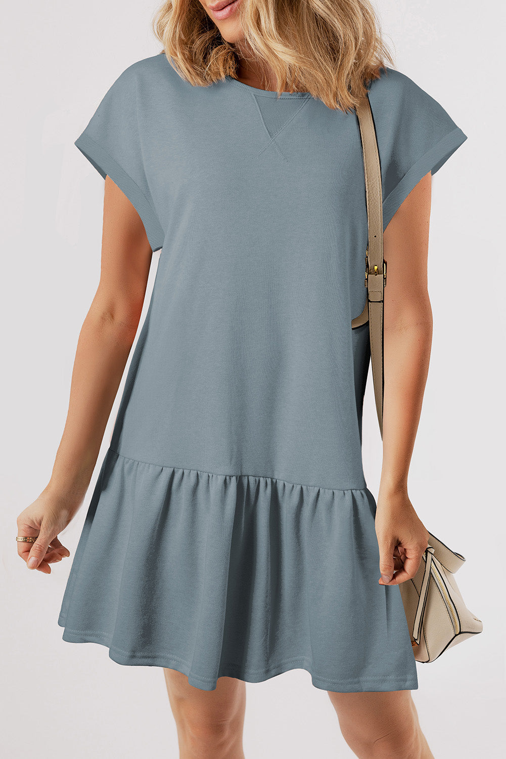 Ashleigh Blue Solid Color Cap Sleeve Drop Waist T Shirt Dress