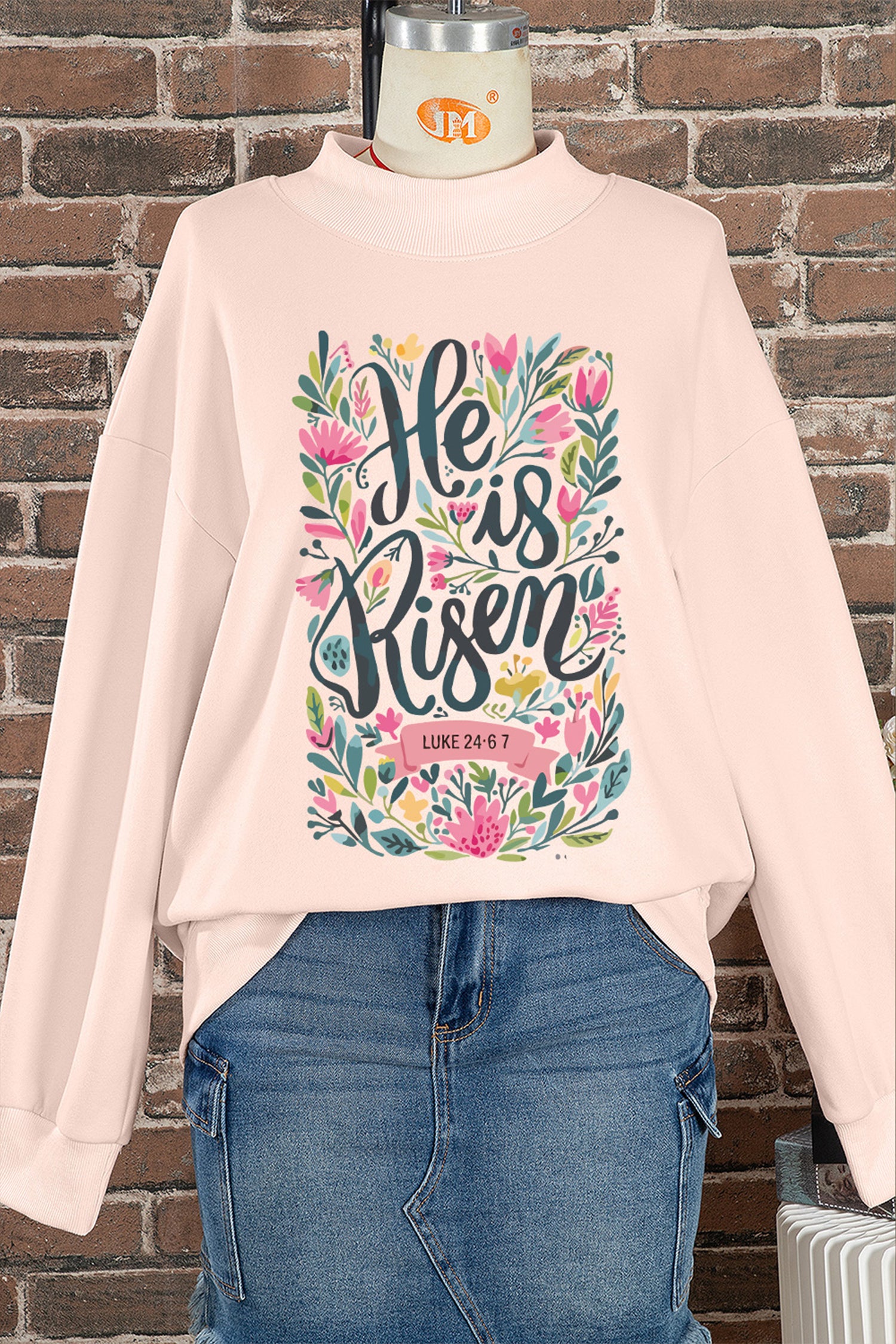 Apricot Pink He is Risen Floral Christian Easter Mock Neck Sweatshirt