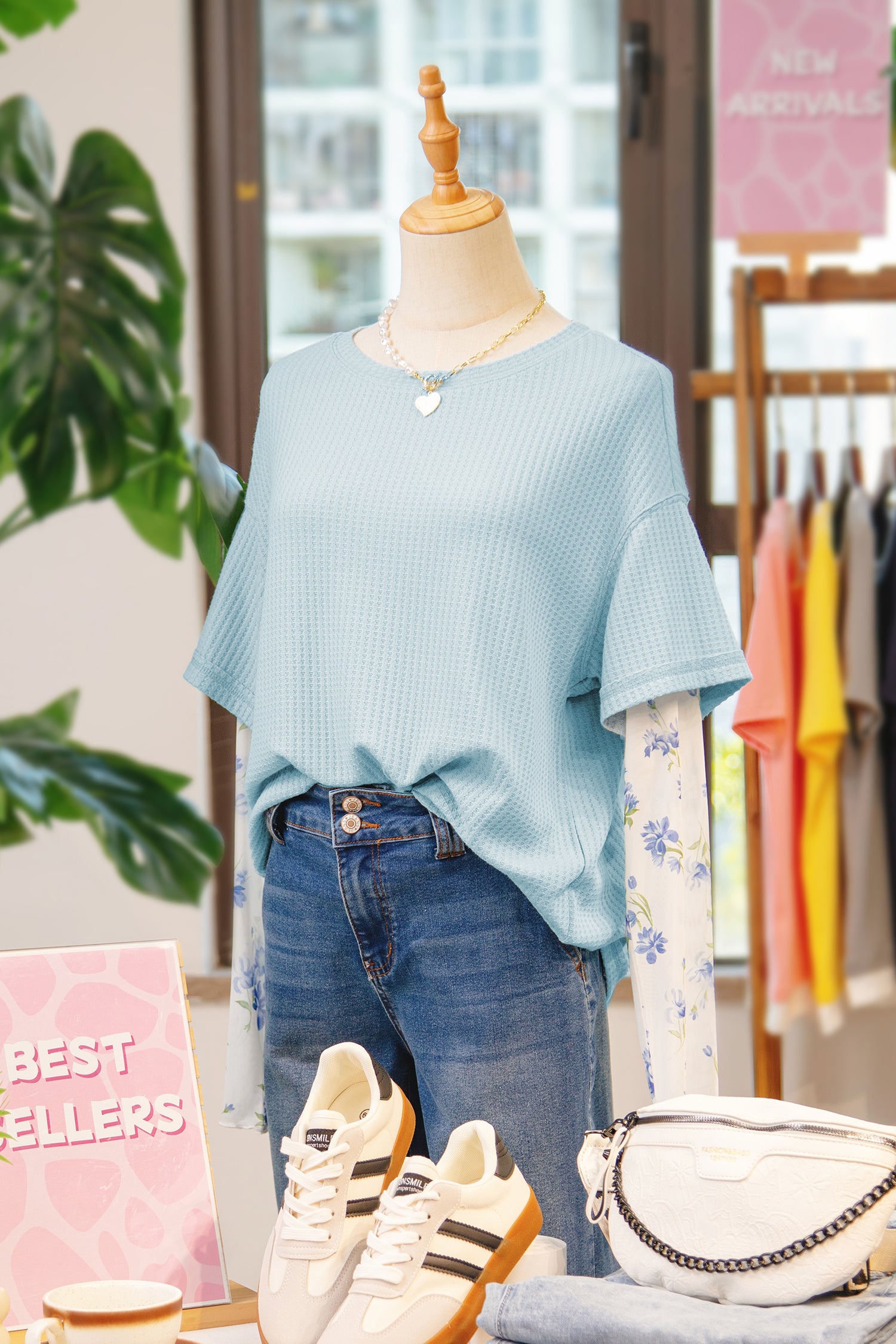 Beau Blue Floral Lace Sleeve Patchwork Waffle Fake Two-piece Top