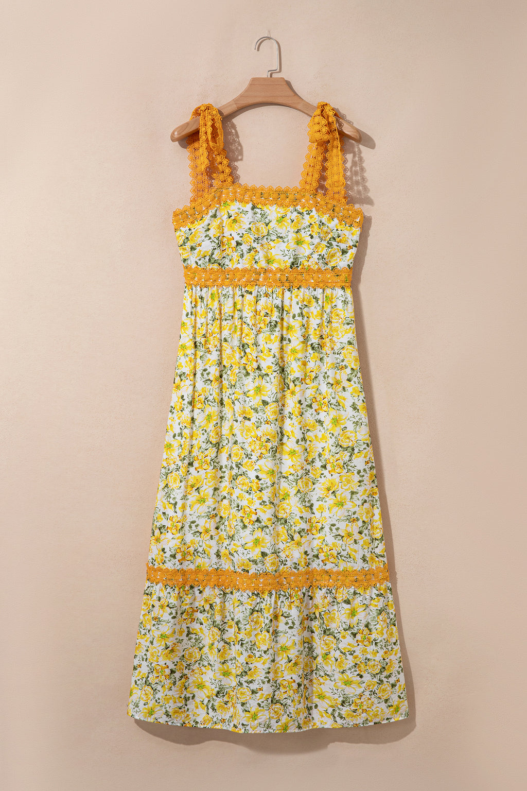 Banana Cream Floral Lace Tied Strap Empire Waist Maxi Dress